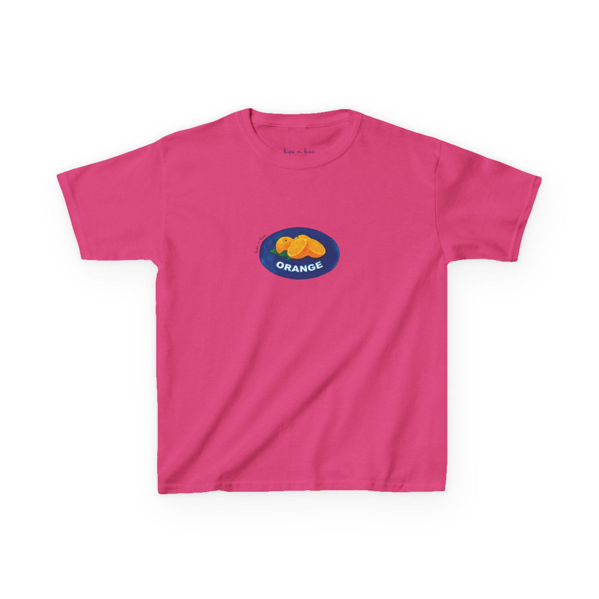 A hot pink t-shirt featuring a retro fruit market produce sticker graphic with bright oranges inside a blue oval.