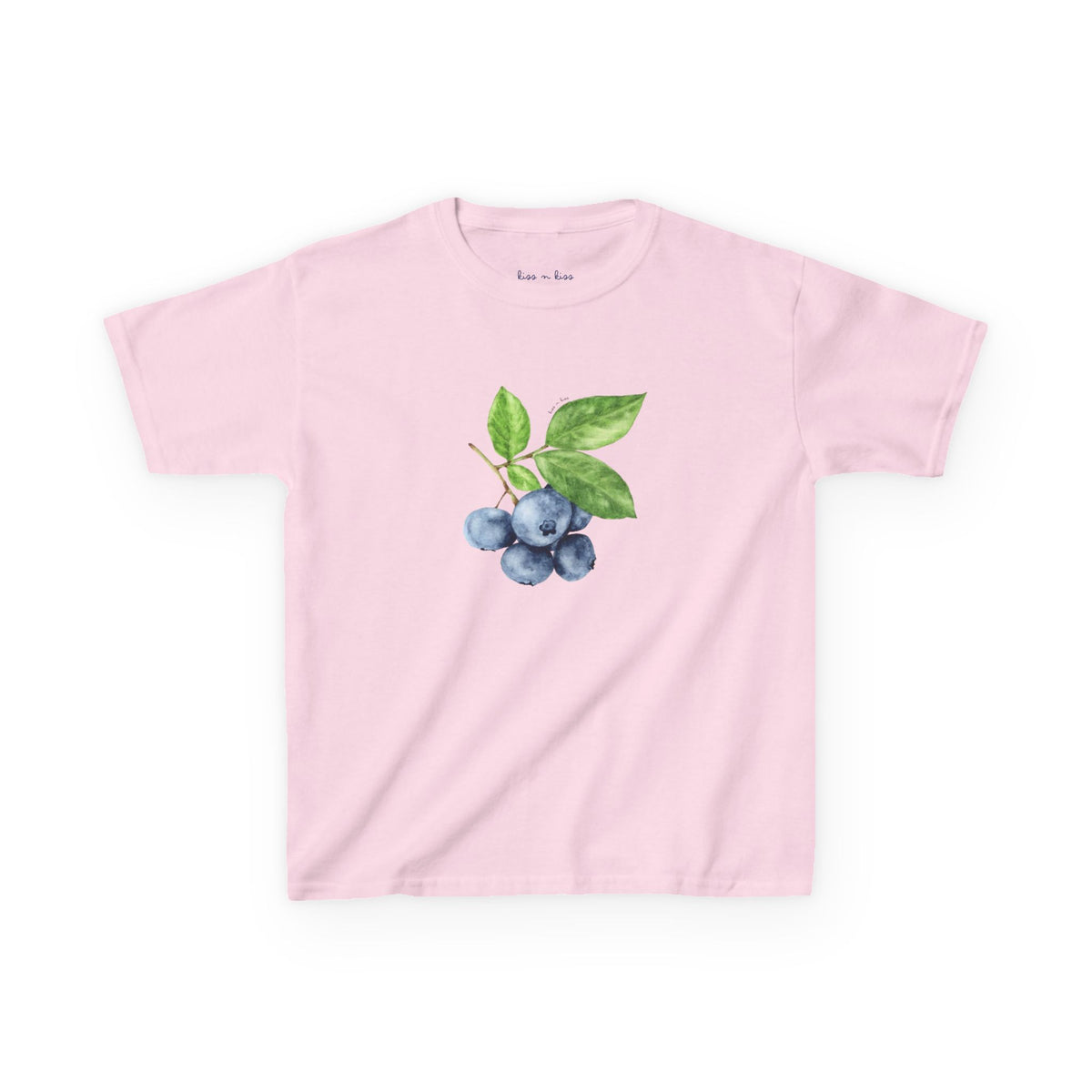 A light pink short-sleeve t-shirt with a watercolor-style graphic of blueberries and green leaves on the chest, displayed flat against a white background.