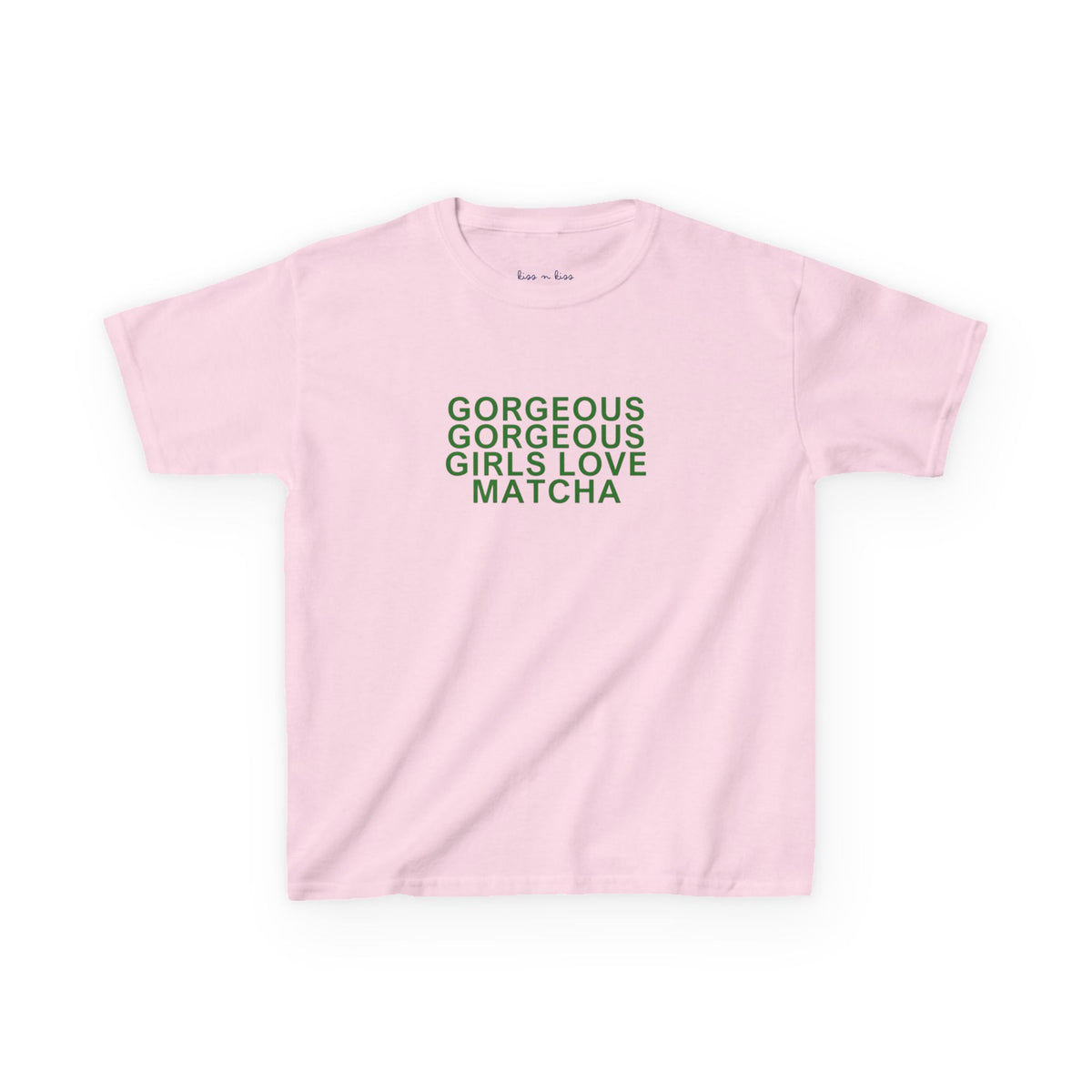 A light pink short-sleeve t-shirt with the phrase 'GORGEOUS GIRLS LOVE MATCHA' printed in green block letters on the chest, displayed flat against a white background.