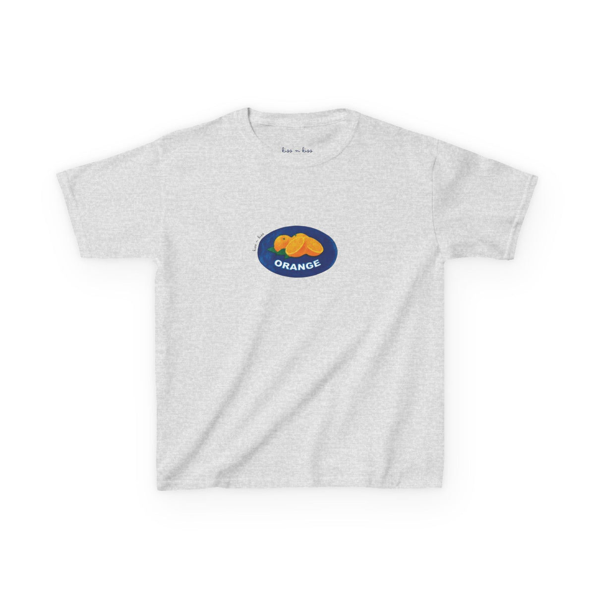 A light gray t-shirt featuring a retro fruit market produce sticker graphic with bright oranges inside a blue oval.