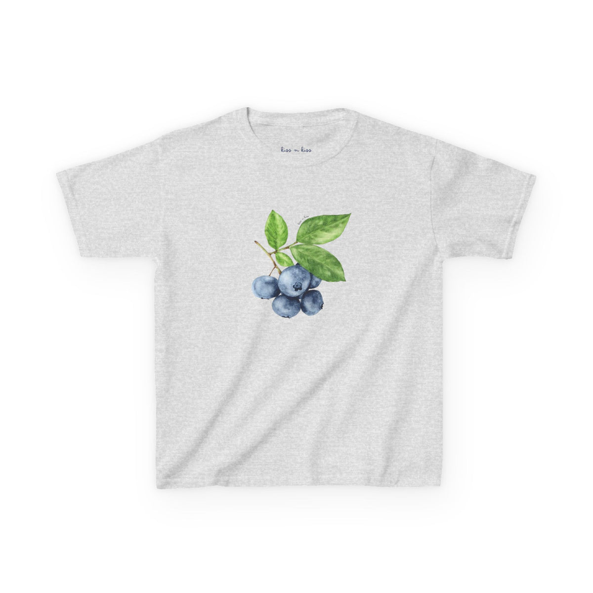 A light heather gray short-sleeve t-shirt featuring a watercolor-style graphic of blueberries with green leaves on the chest, displayed against a solid white background.