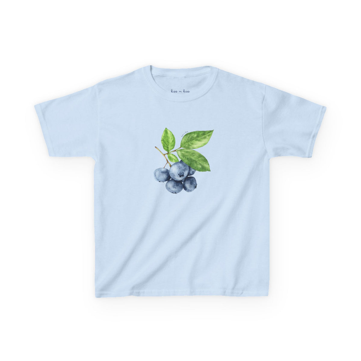 A light blue short-sleeve crewneck t-shirt featuring a watercolor-style graphic of blueberries with green leaves on the chest, displayed flat against a white background.