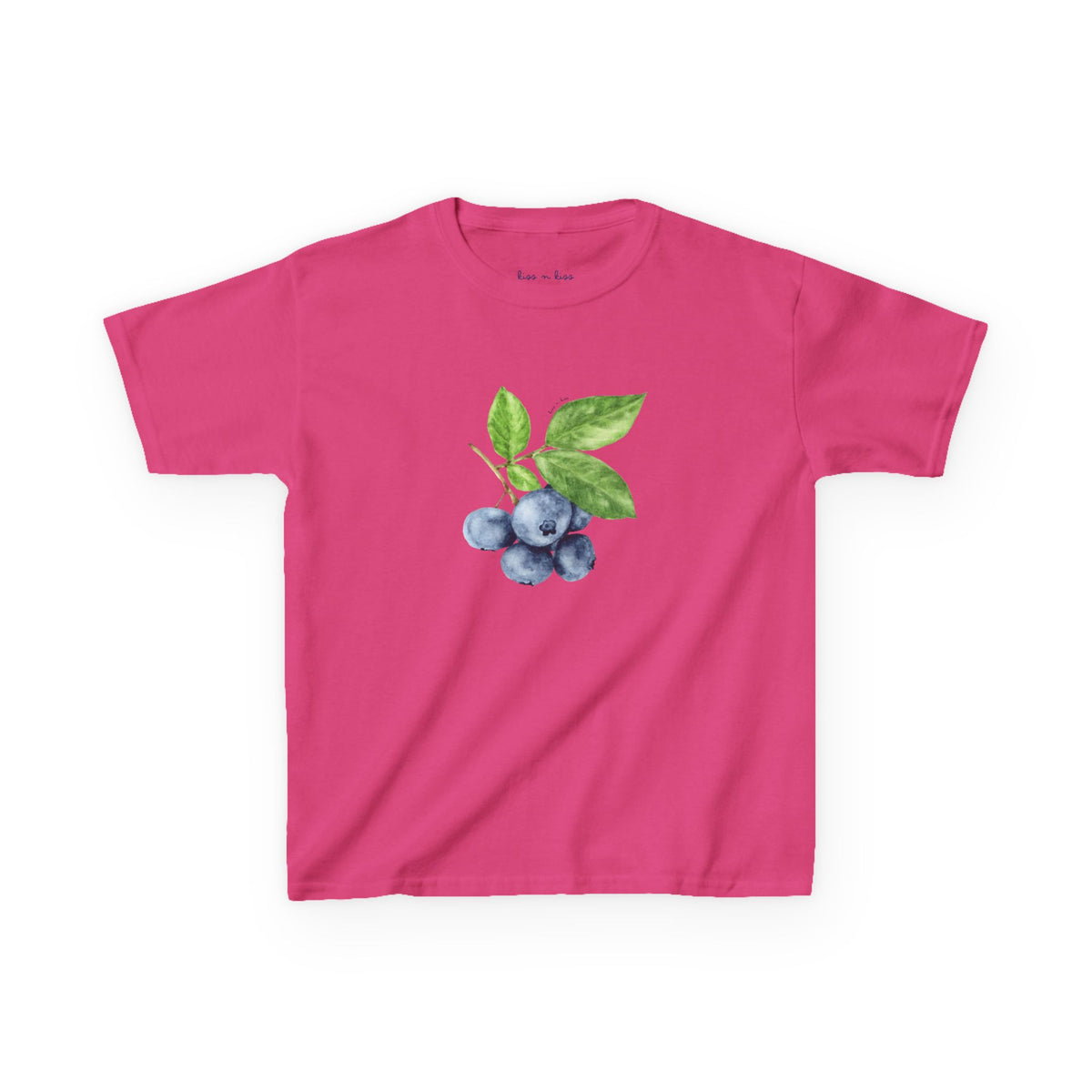 A bright pink short-sleeve t-shirt featuring a watercolor graphic of blueberries with green leaves on the chest, displayed against a solid white background.