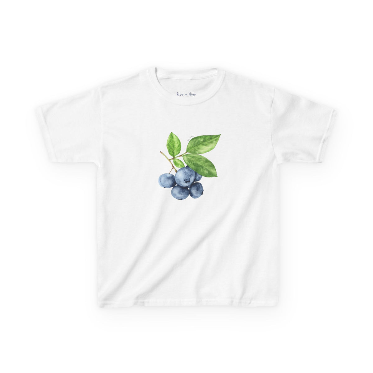 A white short-sleeve crewneck t-shirt featuring a watercolor graphic of blueberries with green leaves on the chest, displayed against a solid white background.